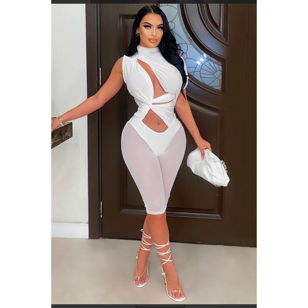 White sexy cut mesh sleeveless jumpsuit turtleneck sheer solid size M